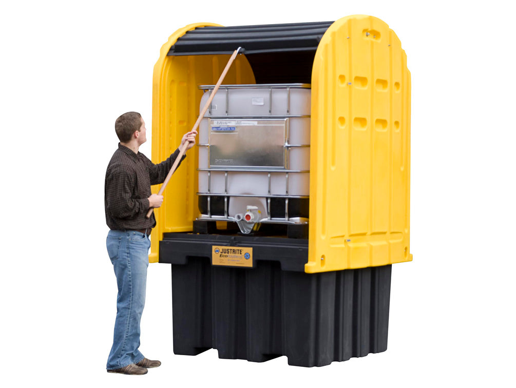 Justrite Ecopolyblend Ibc Outdoor Shed With Pallet - Forklift Pockets - Rolltop Doors - 40% Recycled Poly - 28677