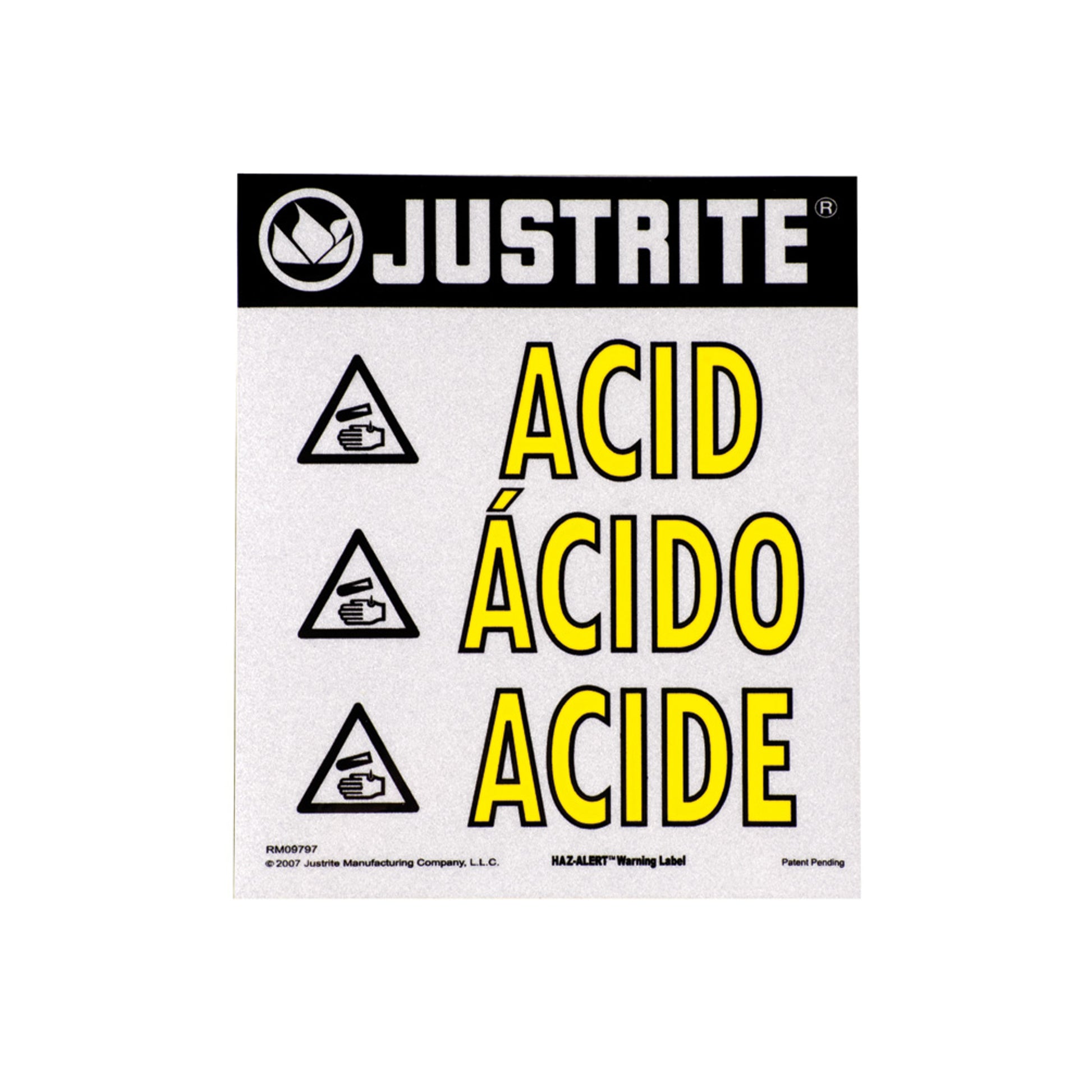 Justrite Haz-Alert Acid Large Warning Label For Safety Cabinet - 29006