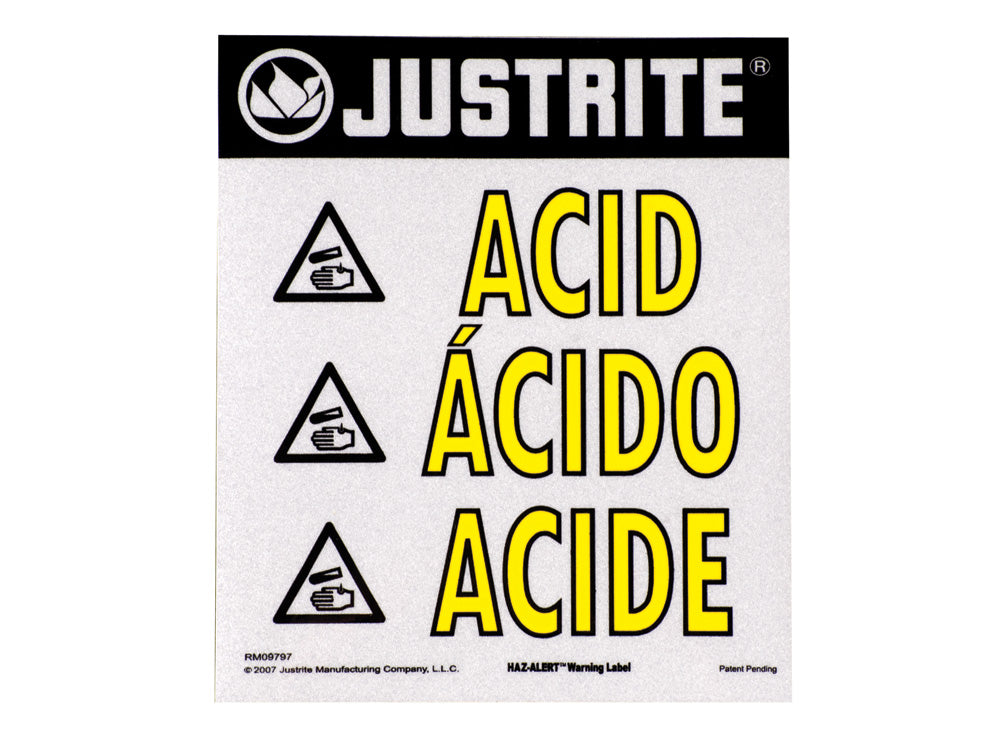 Justrite Haz-Alert Acid Large Warning Label For Safety Cabinet - 29006