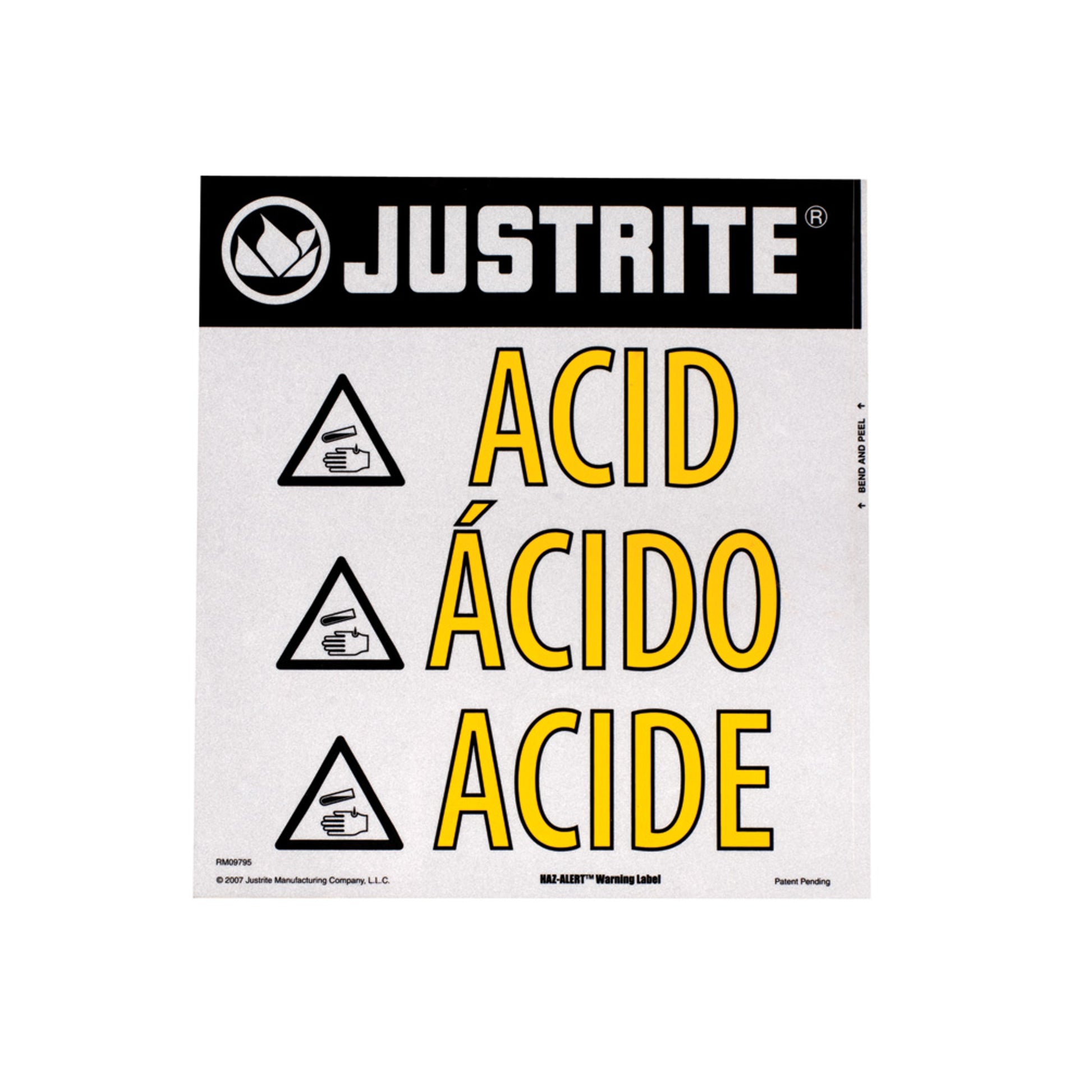 Justrite Haz-Alert Acid Small Warning Label For Safety Cabinet - 29008