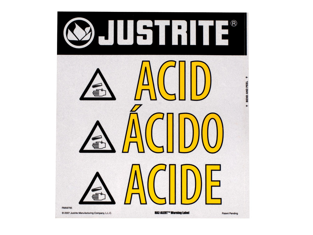 Justrite Haz-Alert Acid Small Warning Label For Safety Cabinet - 29008