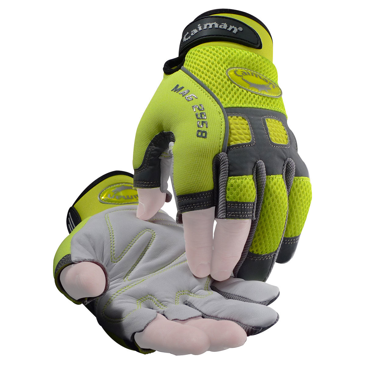 Caiman MAG Multi-Activity Glove w/Sheep Grain Leather Palm & Hi-Vis AirMesh Back - Partial Half-Finger - Yellow - 6/PR - 2958