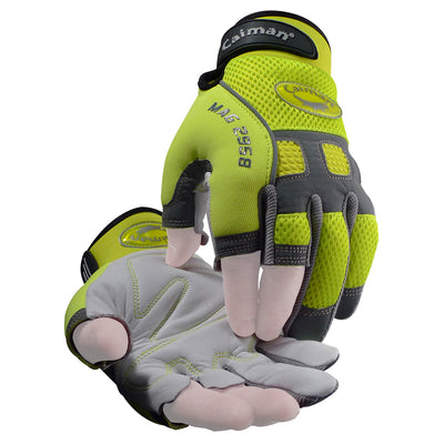 Caiman MAG Multi-Activity Glove w/Sheep Grain Leather Palm & Hi-Vis AirMesh Back - Partial Half-Finger - Yellow - 6/PR - 2958