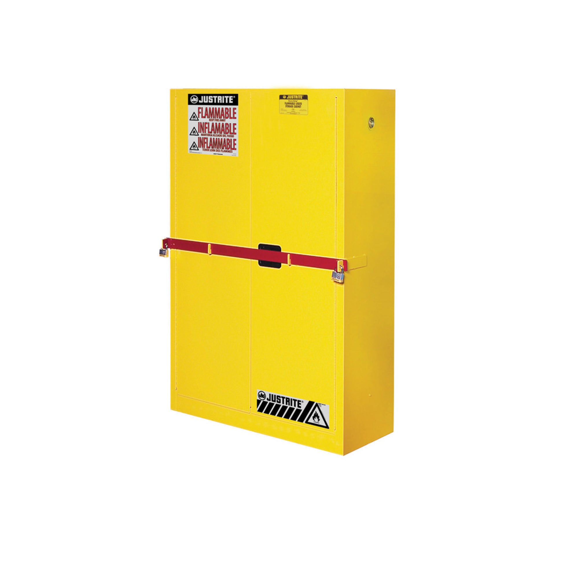 Justrite High Security Flammables Safety Cabinet W/Steel Bar - Cap. 45 Gals. - 2 Shelves - 2 M/C Doors - Yellow - 29884Y