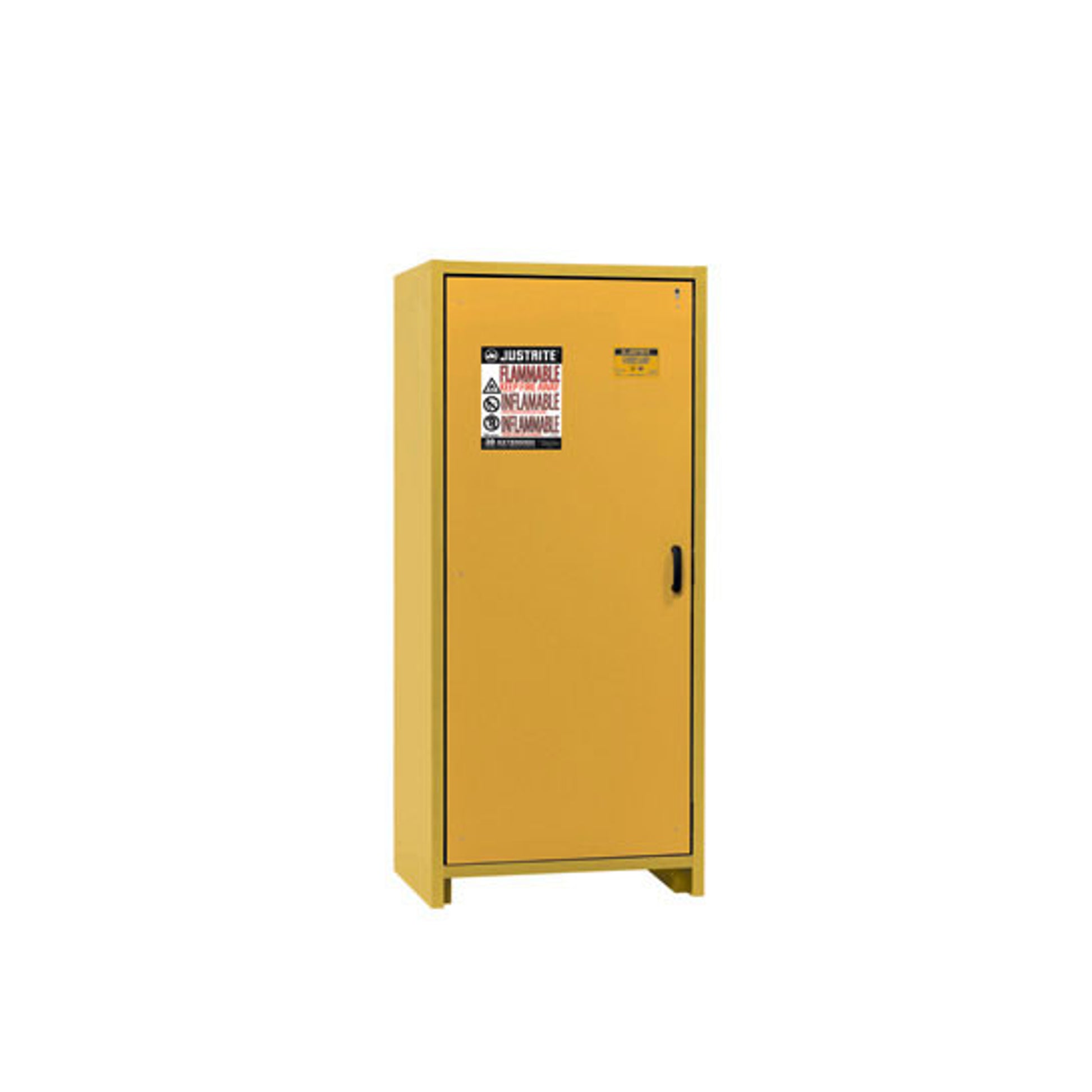 Justrite 30-Minute En Flammable Safety Cabinet - Cap. 30 Gal. - Dims. 34"W - 3 Shelf - 1 Hybrid-Close Door - Yellow - 22601