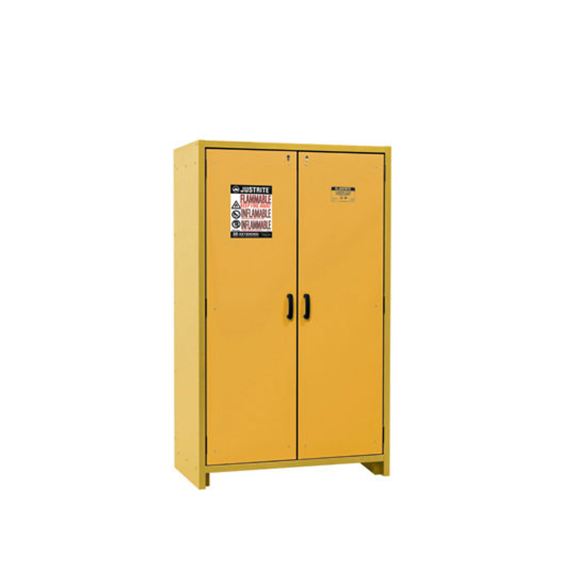 Justrite 30-Minute En Flammable Safety Cabinet - Cap. 45 Gal. - Dims. 46"W - 3 Shelf - 2 Hybrid-Close Doors - Yellow - 22603