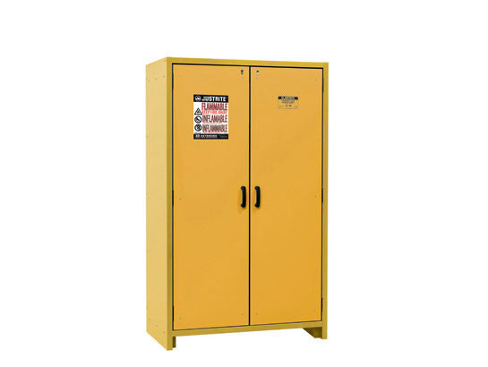Justrite 30-Minute En Flammable Safety Cabinet - Cap. 45 Gal. - Dims. 46"W - 3 Shelf - 2 Hybrid-Close Doors - Yellow - 22603