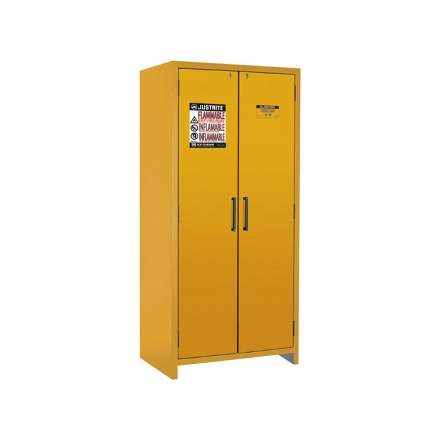 Justrite 90-Minute En Flammable Safety Cabinet - Cap. 30 Gal. - Dims. 35"W - 3 Shelf - 2 Hybrid-Close Doors - Yellow - 22605