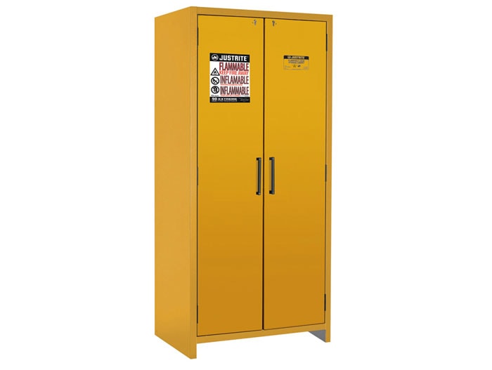 Justrite 90-Minute En Flammable Safety Cabinet - Cap. 30 Gal. - Dims. 35"W - 3 Shelf - 2 Hybrid-Close Doors - Yellow - 22605