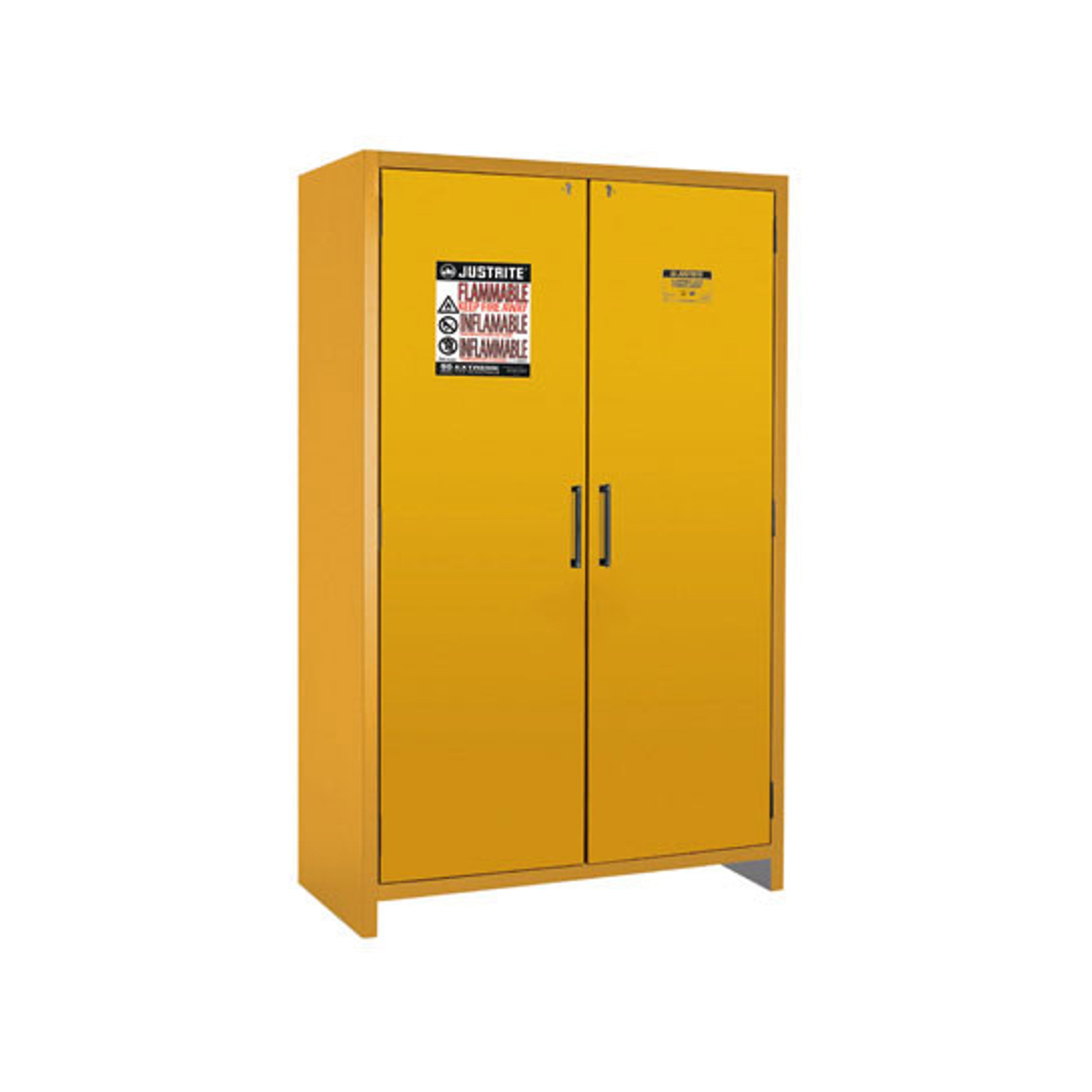 Justrite 90-Minute En Flammable Safety Cabinet - Cap. 45 Gal. - Dims. 47"W - 3 Shelf - 2 Hybrid-Close Doors - Yellow - 22607