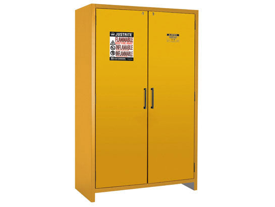Justrite 90-Minute En Flammable Safety Cabinet - Cap. 45 Gal. - Dims. 47"W - 3 Shelf - 2 Hybrid-Close Doors - Yellow - 22607