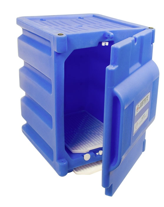 Justrite Countertop Polyethylene Corrosives/Acid Cabinet - Cap. Two 4-Liter Bottles - 1 Door - Poly - Blue - 24080