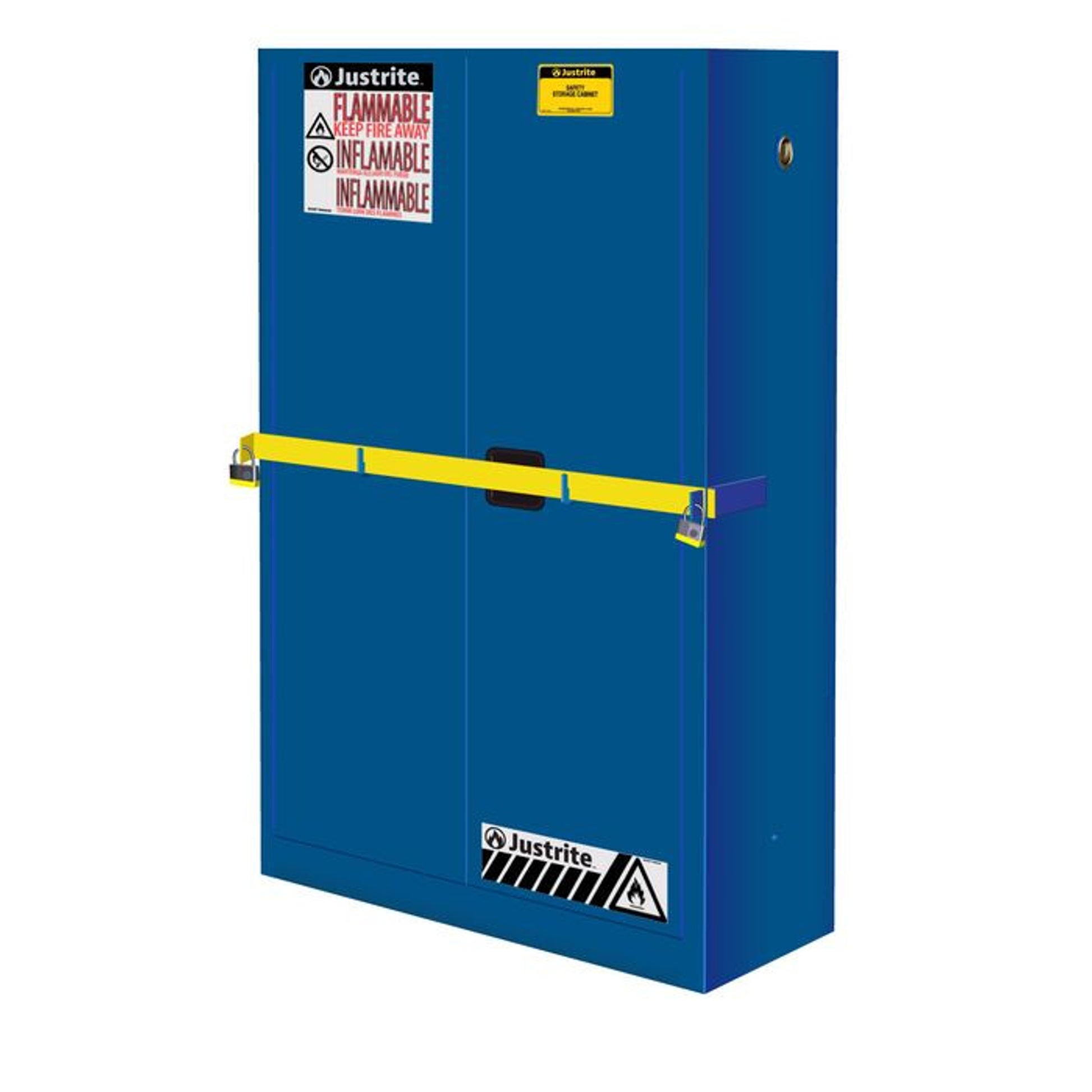 Justrite High Security Corrosives/Acid Safety Cabinet W/Steel Bar - Cap. 45 Gals - 2 Shlvs - 2 M/C Doors - Blue - 29884B