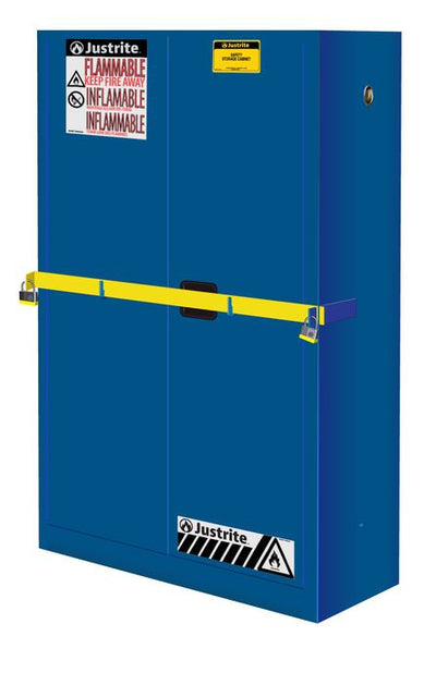 Justrite High Security Corrosives/Acid Safety Cabinet W/Steel Bar - Cap. 45 Gals - 2 Shlvs - 2 M/C Doors - Blue - 29884B
