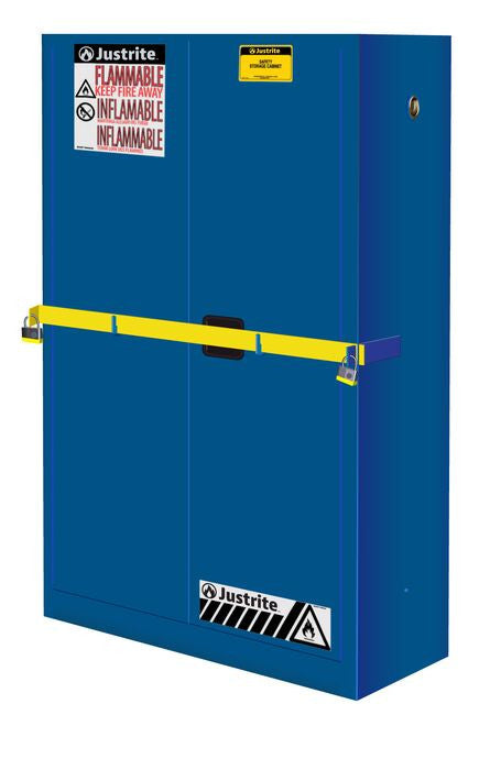 Justrite High Security Corrosives/Acid Safety Cabinet W/Steel Bar - Cap. 45 Gals - 2 Shlvs - 2 M/C Doors - Blue - 29884B