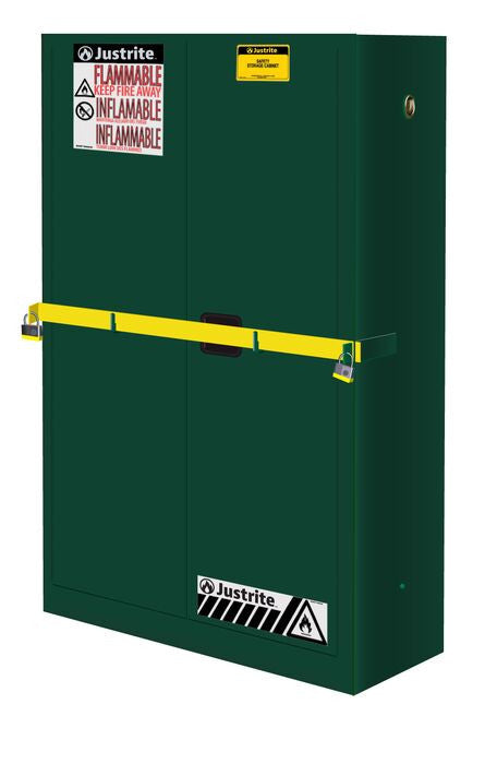Justrite High Security Pesticides Safety Cabinet W/Steel Bar - Cap. 45 Gals. - 2 Shelves - 2 M/C Doors - Green - 29884P