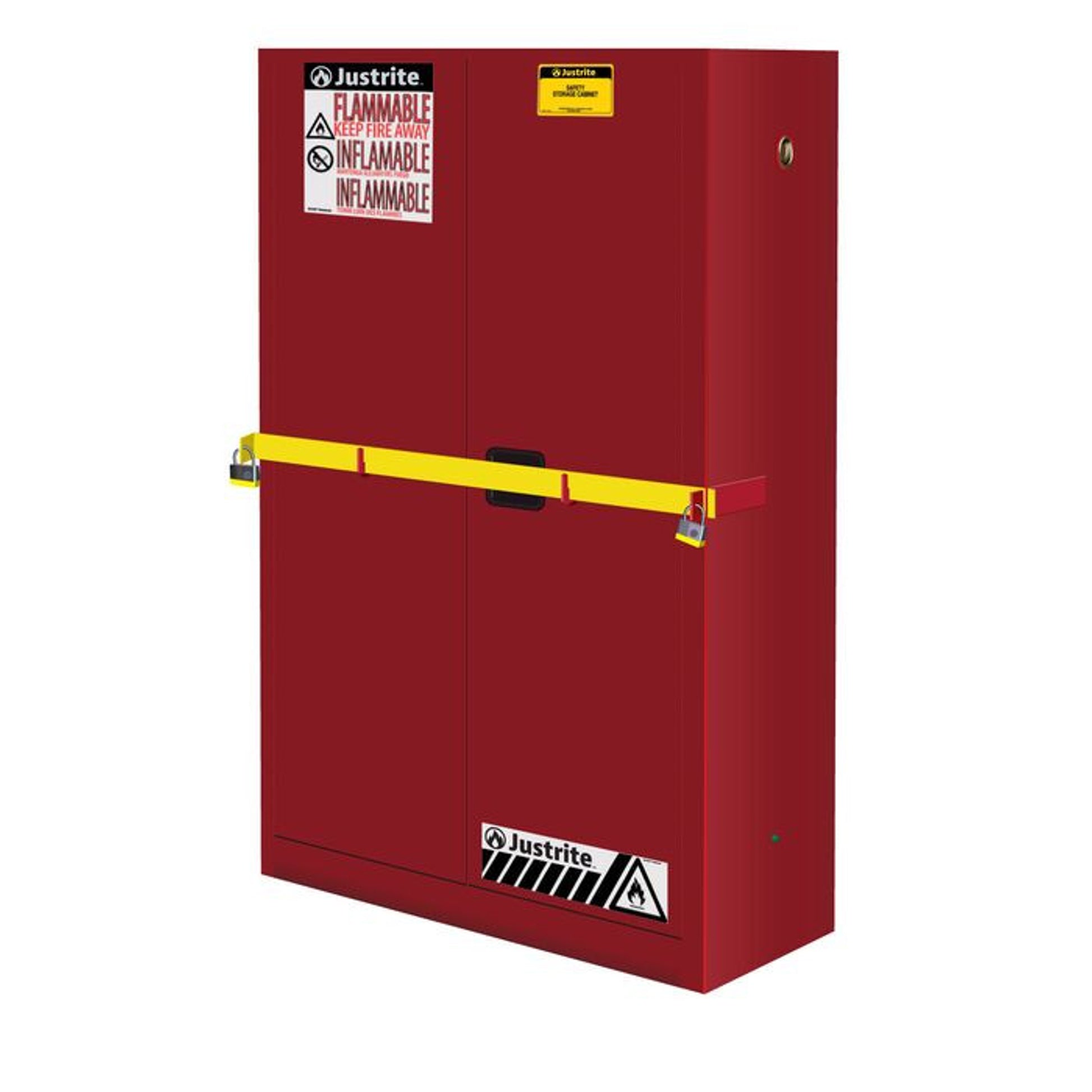 Justrite High Security Flammables Safety Cabinet W/Steel Bar - Cap. 45 Gals. - 2 Shelves - 2 M/C Doors - Red - 29884R