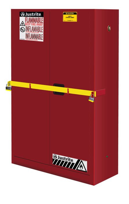 Justrite High Security Flammables Safety Cabinet W/Steel Bar - Cap. 45 Gals. - 2 Shelves - 2 M/C Doors - Red - 29884R