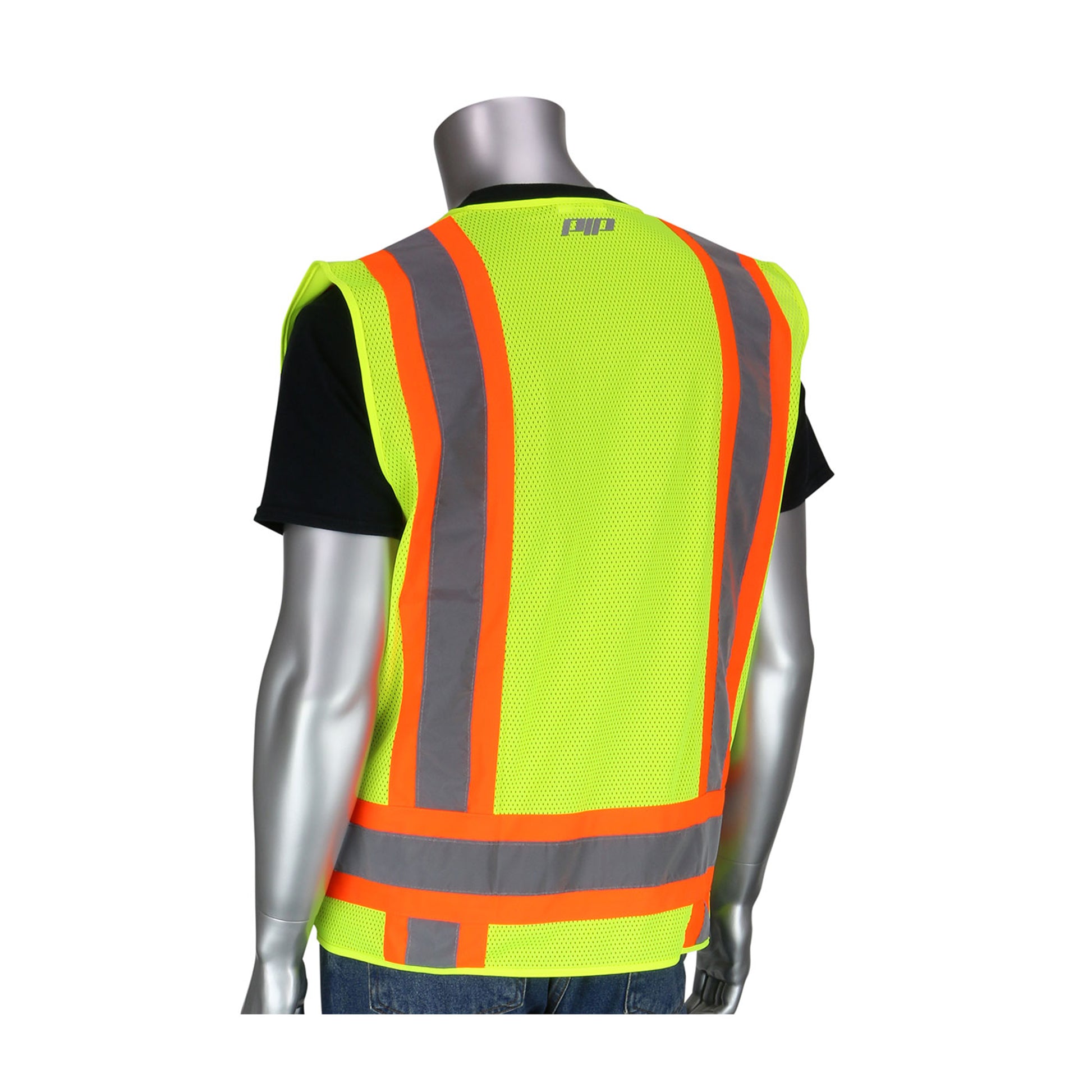 PIP ANSI Type R Class 2 Two-Tone Eleven Pocket Surveyors Vest w/Solid Front & Mesh Back - Hi-Vis Yellow - 302-0500
