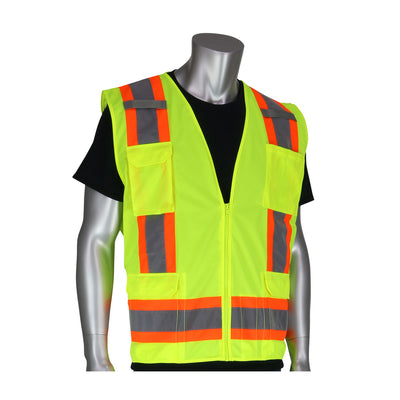 PIP ANSI Type R Class 2 Two-Tone Eleven Pocket Surveyors Vest w/Solid Front & Mesh Back - Hi-Vis Yellow - 302-0500