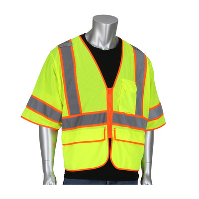 PIP ANSI Type R Class 3 Self Extinguishing Two-Tone Mesh Surveyors Vest - Hi-Vis Yellow - 1/EA - 305-SVZSE
