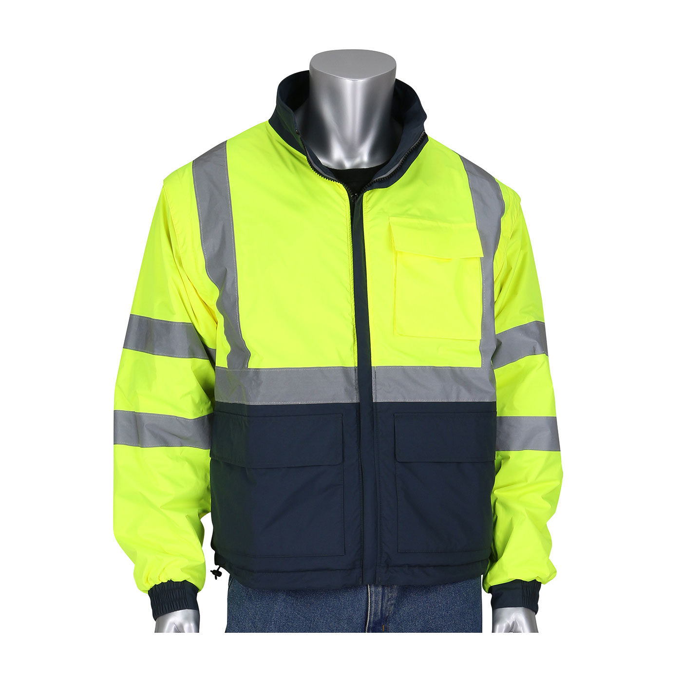 PIP ANSI Type R Class 3 4-in-1 Reversible Dark Gray Bottom Multi-Seasonal Windbreaker w/Detachable Sleeves - Hi-Vis Yellow - 1/EA - 333-1500-R