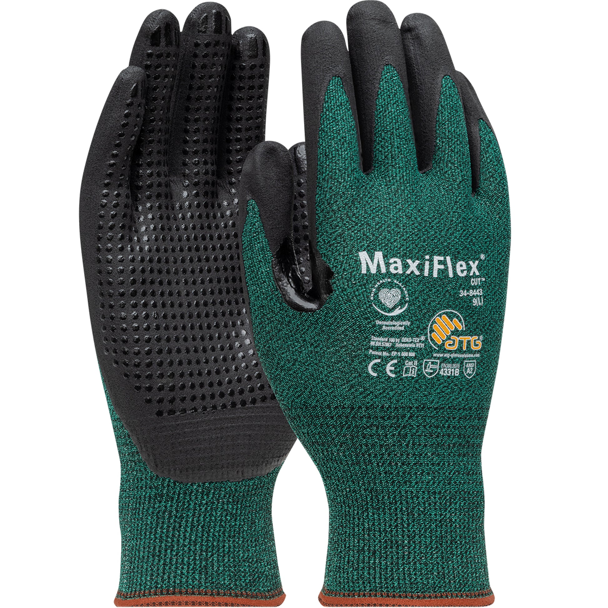 MaxiFlex Cut Seamless Knit Glove w/Premium Nitrile Coated MicroFoam Grip on Palm & Fingers Micro Dot - Touchscreen - Green - 6/PR - 34-8443V