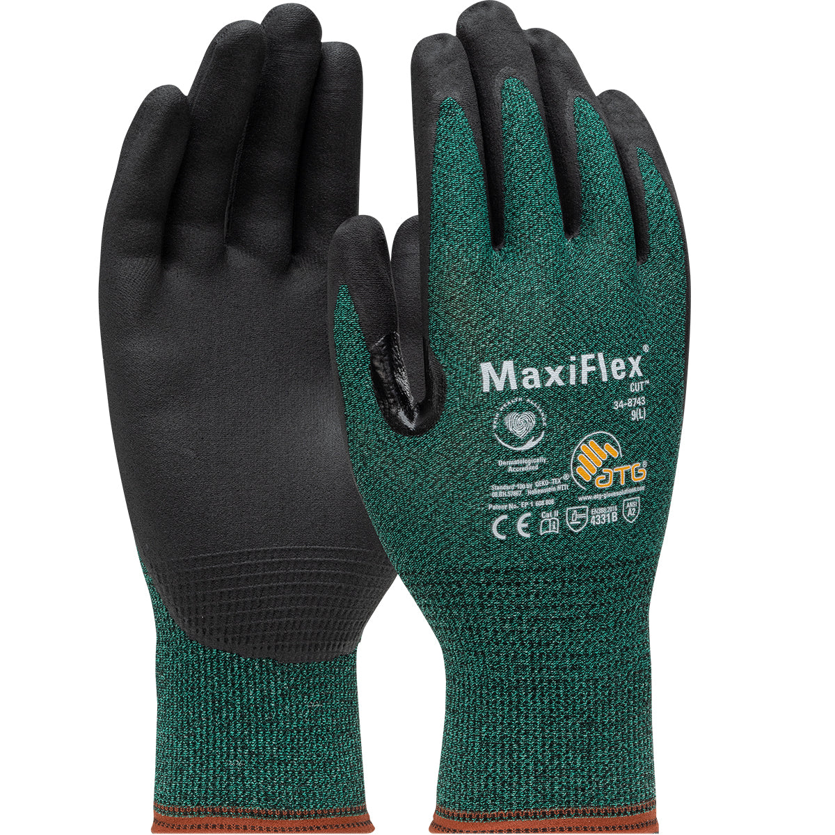 MaxiFlex Cut Seamless Knit Engineered Yarn Glove w/Premium Nitrile Coated MicroFoam Grip on Palm & Fingers - Touchscreen Compatible - Green - 1/DZ - 34-8743