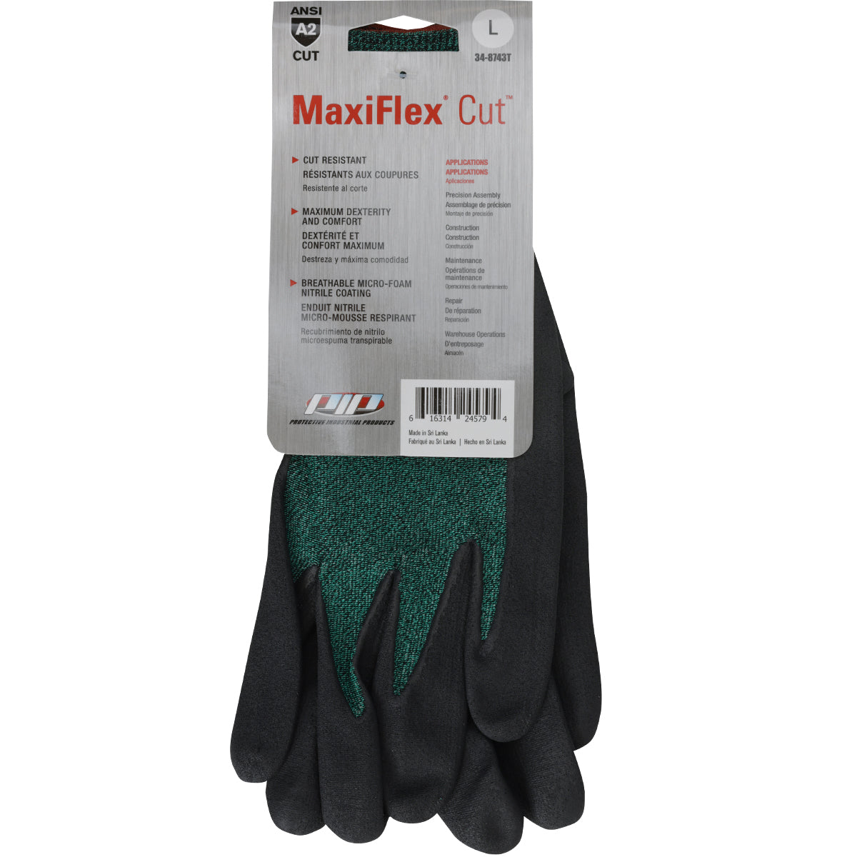 MaxiFlex Cut Seamless Knit Engineered Yarn Glove w/Premium Nitrile Coated MicroFoam Grip on Palm & Fingers - Tagged - Green - 1/DZ - 34-8743T