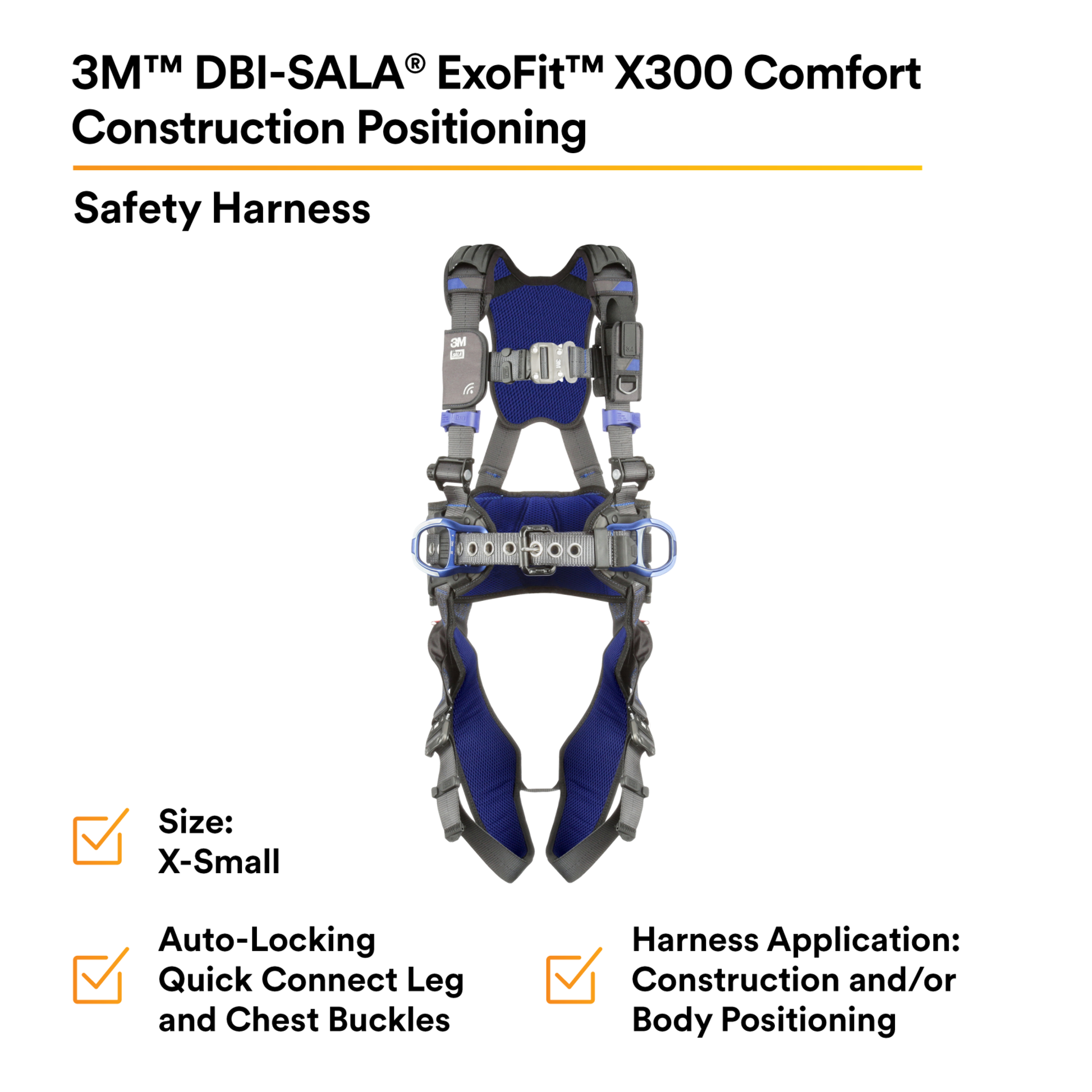 3M DBI-SALA ExoFit X300 Comfort Construction Positioning Safety Harness - X-Small - 1113120