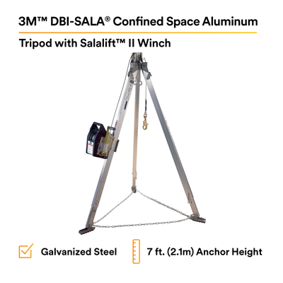 3M DBI-SALA Confined Space Aluminum Tripod with Winch - 7 ft Tripod - 60 ft Galvanized Cable - 8301080