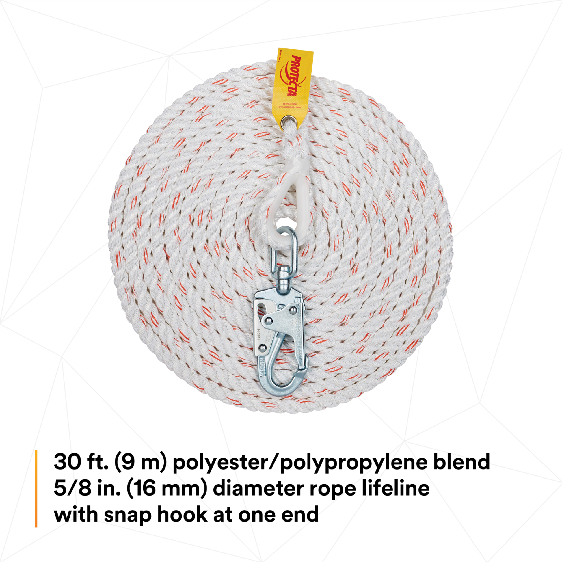 3M Protecta Rope Lifeline with Swivel Snap Hook - 5/8 in Polyester and Polypropylene Blend - White - 30 ft - 1299991