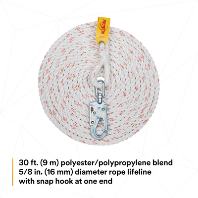 3M Protecta Rope Lifeline with Swivel Snap Hook - 5/8 in Polyester and Polypropylene Blend - White - 30 ft - 1299991