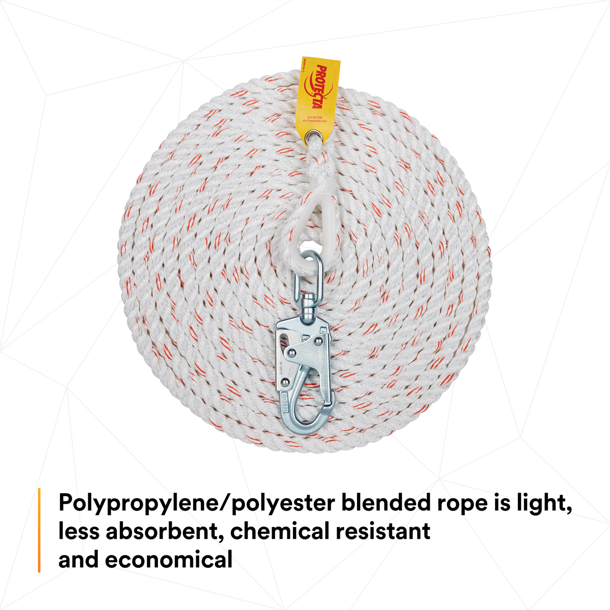 3M Protecta Rope Lifeline with Swivel Snap Hook - 5/8 in Polyester and Polypropylene Blend - White - 30 ft - 1299991