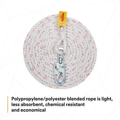 3M Protecta Rope Lifeline with Swivel Snap Hook - 5/8 in Polyester and Polypropylene Blend - White - 30 ft - 1299991