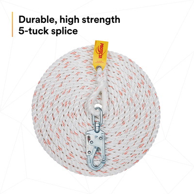 3M Protecta Rope Lifeline with Swivel Snap Hook - 5/8 in Polyester and Polypropylene Blend - White - 30 ft - 1299991