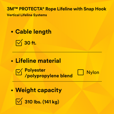 3M Protecta Rope Lifeline with Swivel Snap Hook - 5/8 in Polyester and Polypropylene Blend - White - 30 ft - 1299991