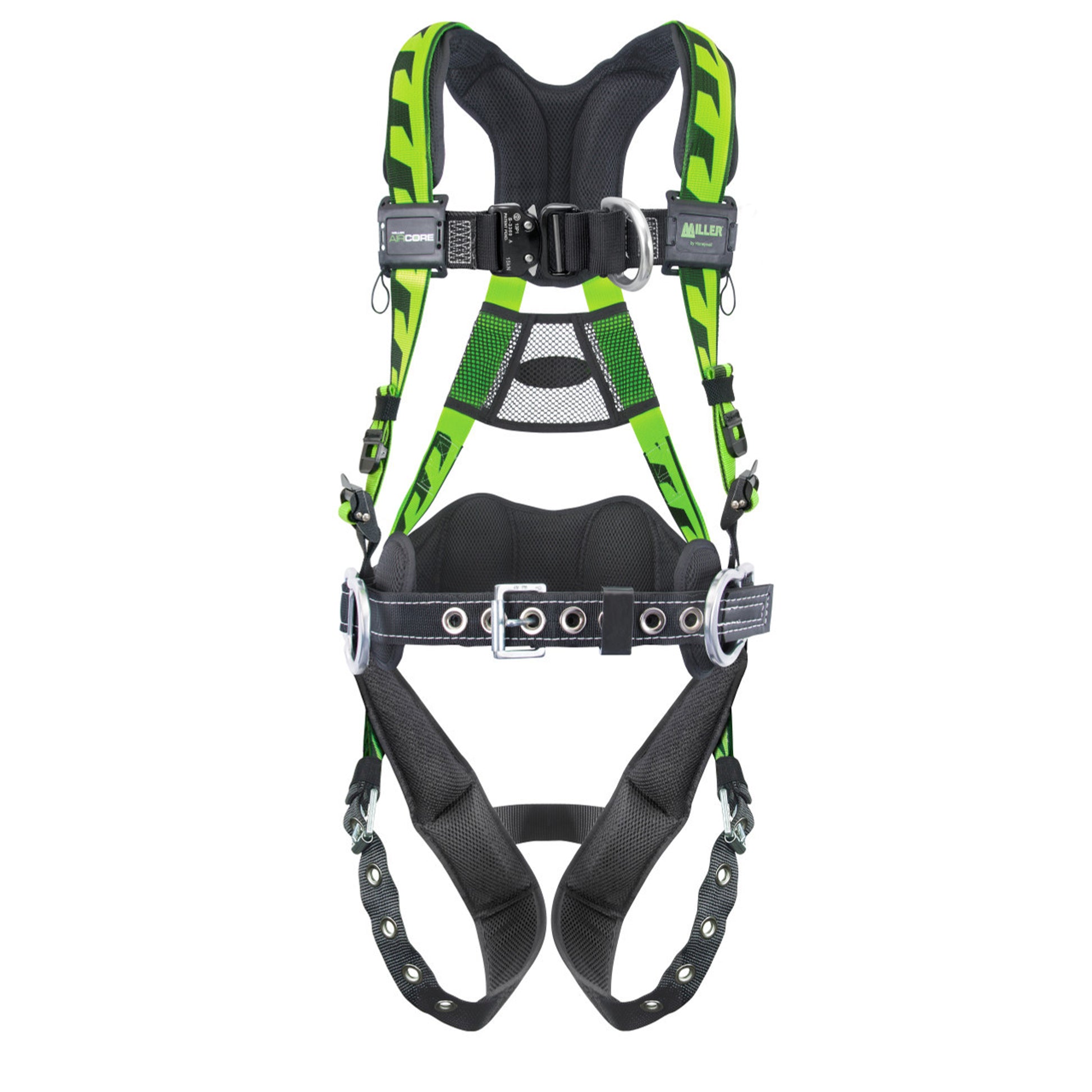 Miller AirCore Aluminum Hardware Green Harness w/Front & Side D-Rings Lumbar Pad - Belt - Universal (Large/XL) - AAF-TBBDPUG