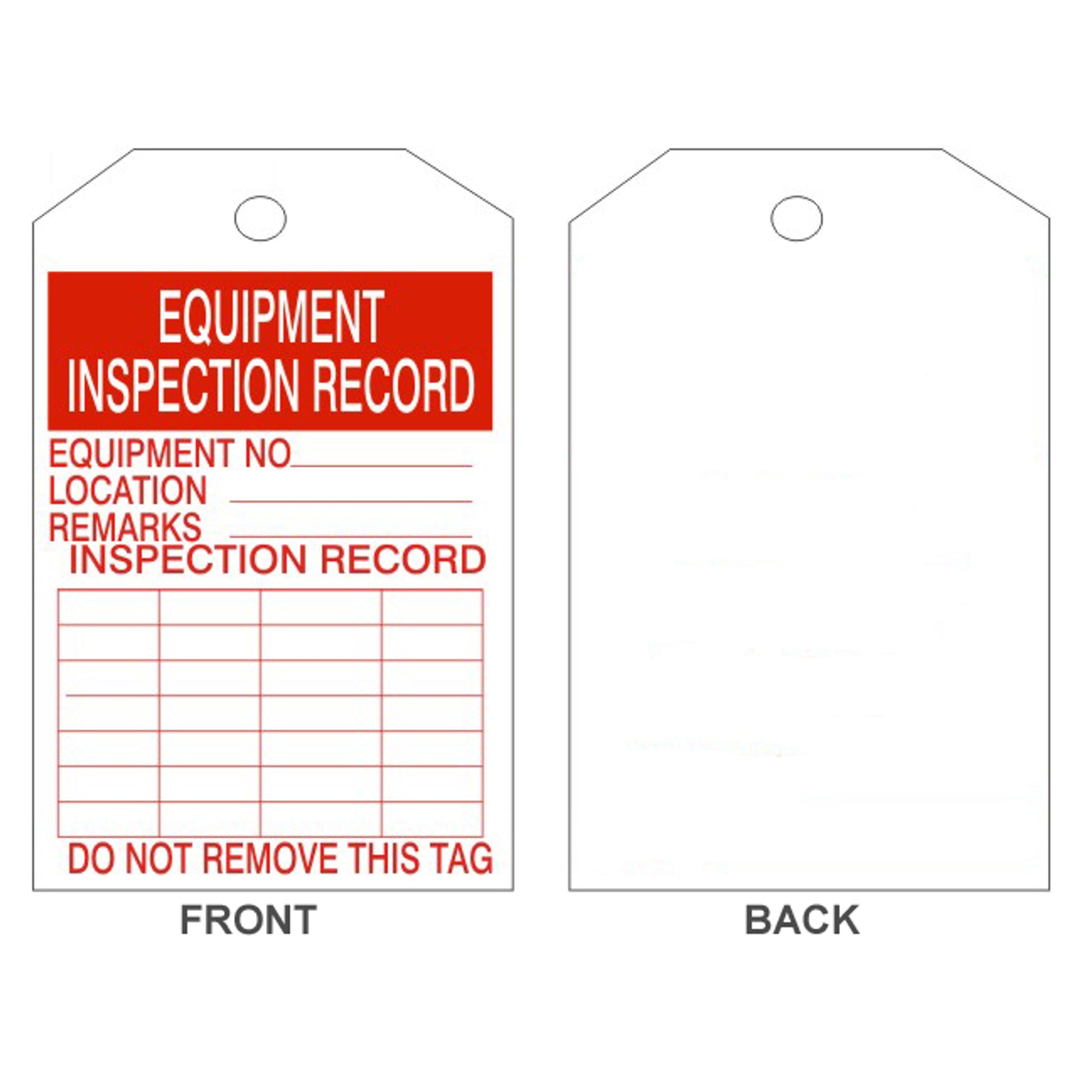 EQUIPMENT INSPECTION RECORD EQUIPMENT NO ___ LOCATION ___ REMARKS ___ INSPECTION RECORD DO - EQUIPMENT INSPECTION RECORD EQUIPMENT NO ___ LOCATION ___ REMARKS ___ INSPECTION RECORD DO, 6.125X3, Rigid Vinyl