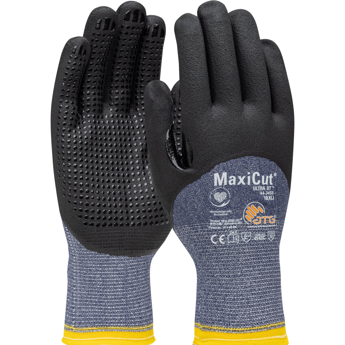 MaxiCut Ultra DT Seamless Knit Engineered Yarn Glove w/Premium Nitrile Coated MicroFoam Grip on  Palm Fingers & Knuckles - Micro Dot - Blue - 1/DZ - 44-3455