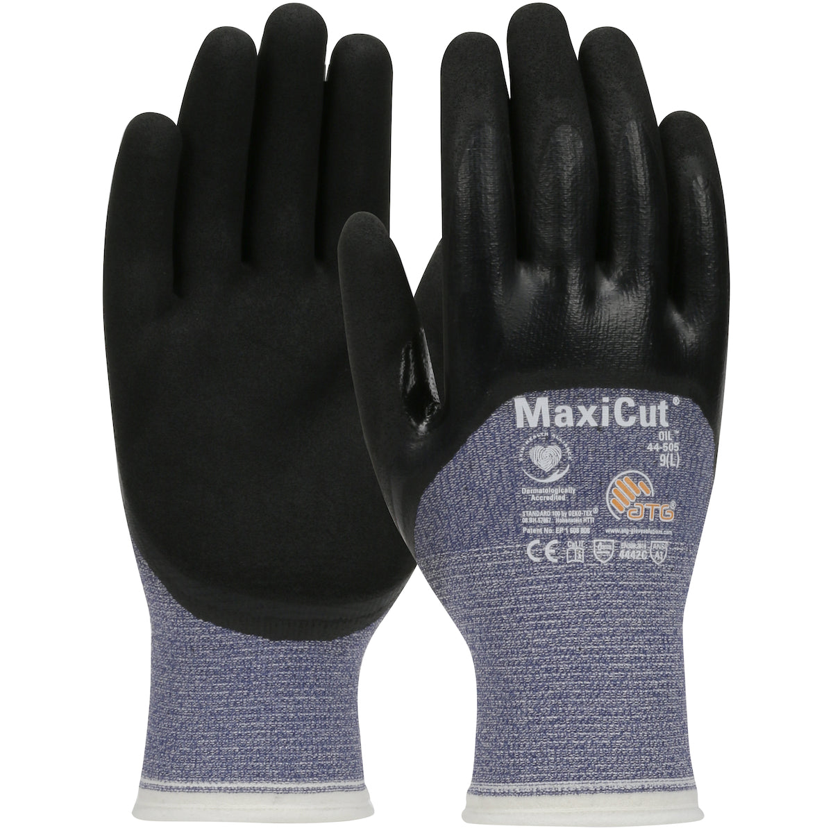 MaxiCut Oil Seamless Knit Engineered Yarn Glove w/Nitrile Coated MicroFoam Grip on Palm  Fingers & Knuckles - Blue - 1/DZ - 44-505