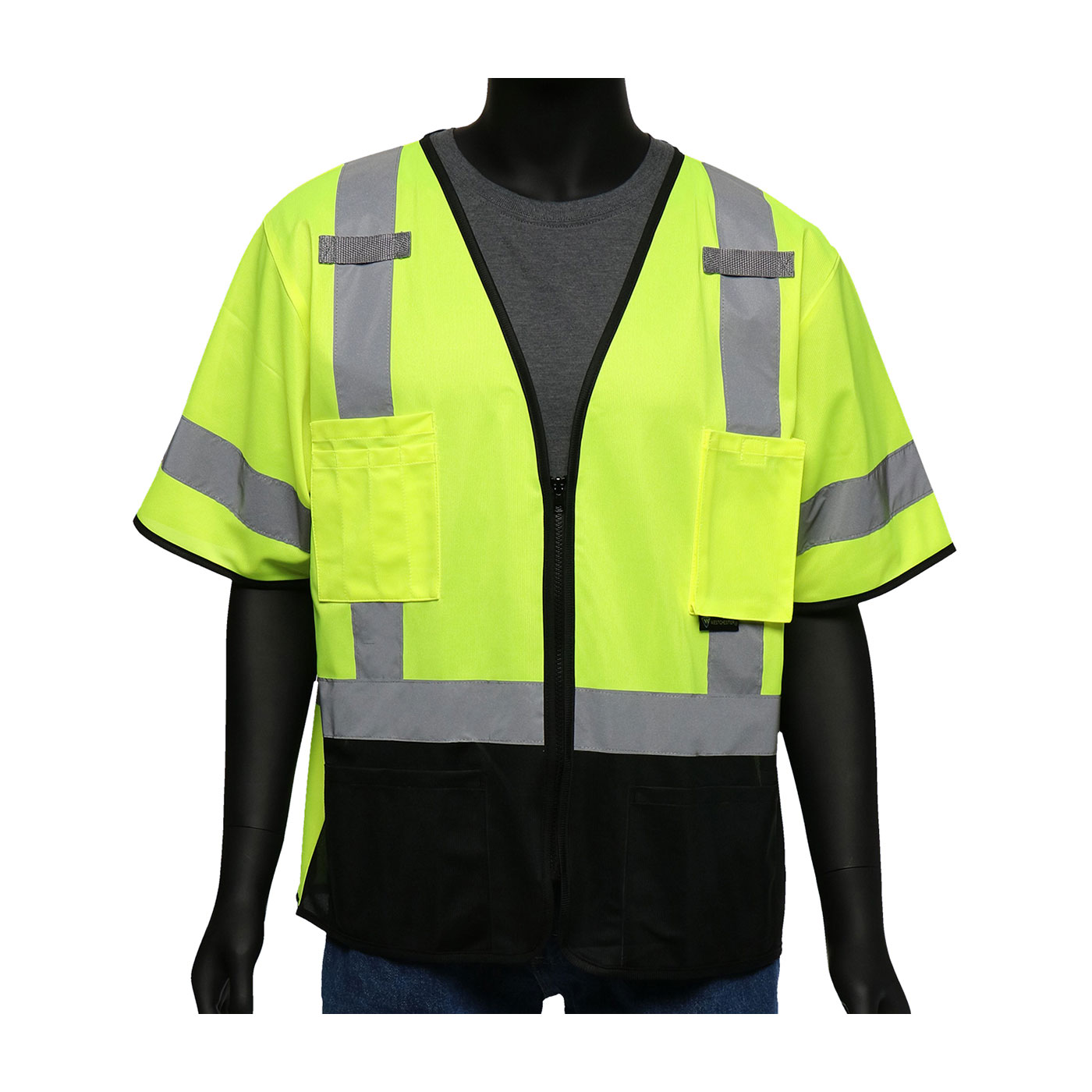 Viz-Up ANSI Type R Class 3 Five Pocket Solid Front/Mesh Back Vest w/Black Bottom Front - Hi-Vis Yellow - 1/EA - 47304