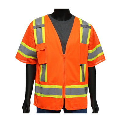 Viz-Up ANSI Type R Class 3 Two-Tone Surveyor Six Pocket Solid Front/Mesh Back Vest - Hi-Vis Orange - 1/EA - 47307