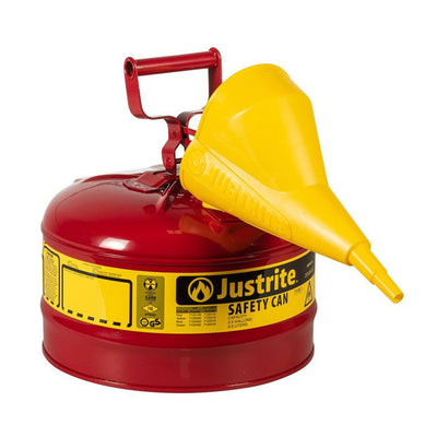 Justrite Type I Safety Can For Gasoline w/ Funnel, 2.5 gal, Red, 1/Each - 7125110