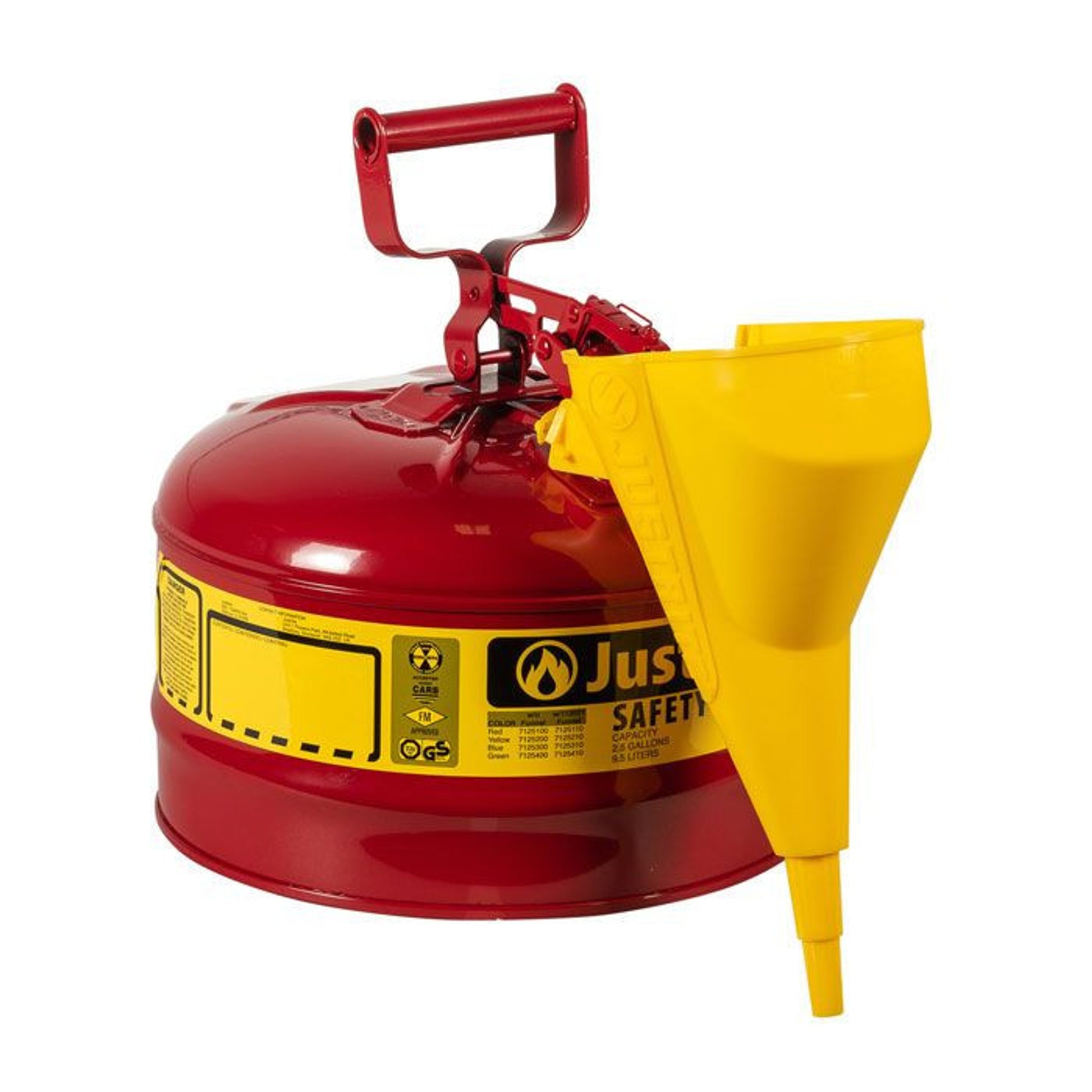 Justrite Type I Safety Can For Gasoline w/ Funnel, 2.5 gal, Red, 1/Each - 7125110