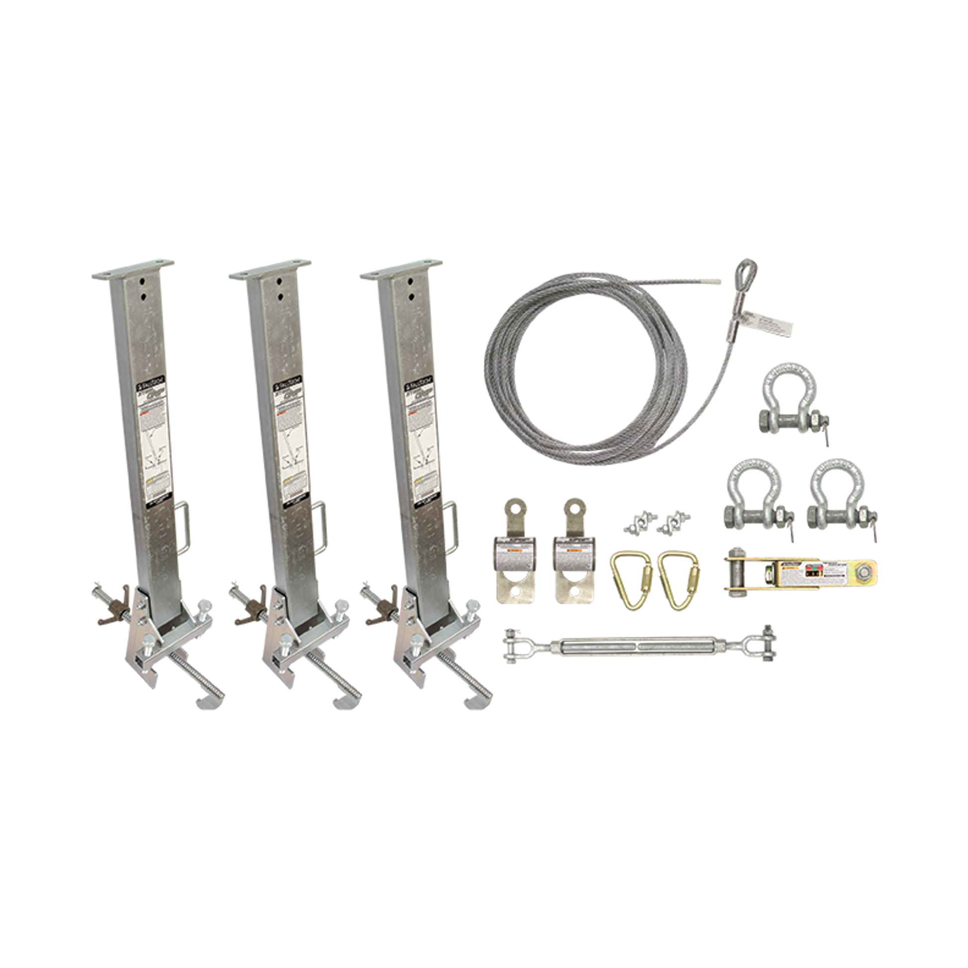FallTech 100' SteelGrip Temporary Cable HLL System and Stanchions with 18" beam clamps - 60310018
