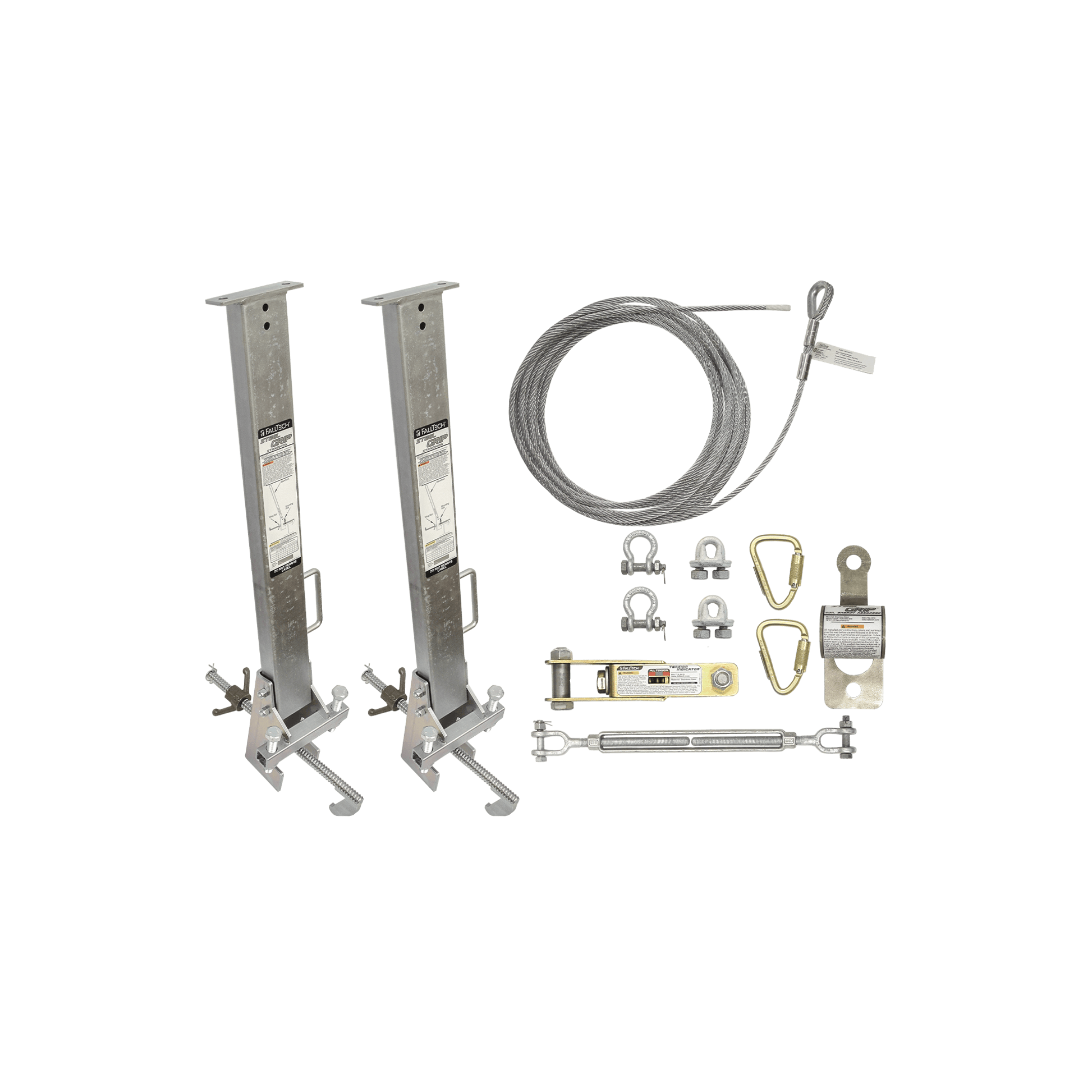 FallTech 60' SteelGrip Temporary Cable HLL System and Stanchions with 12" beam clamps - 6036012