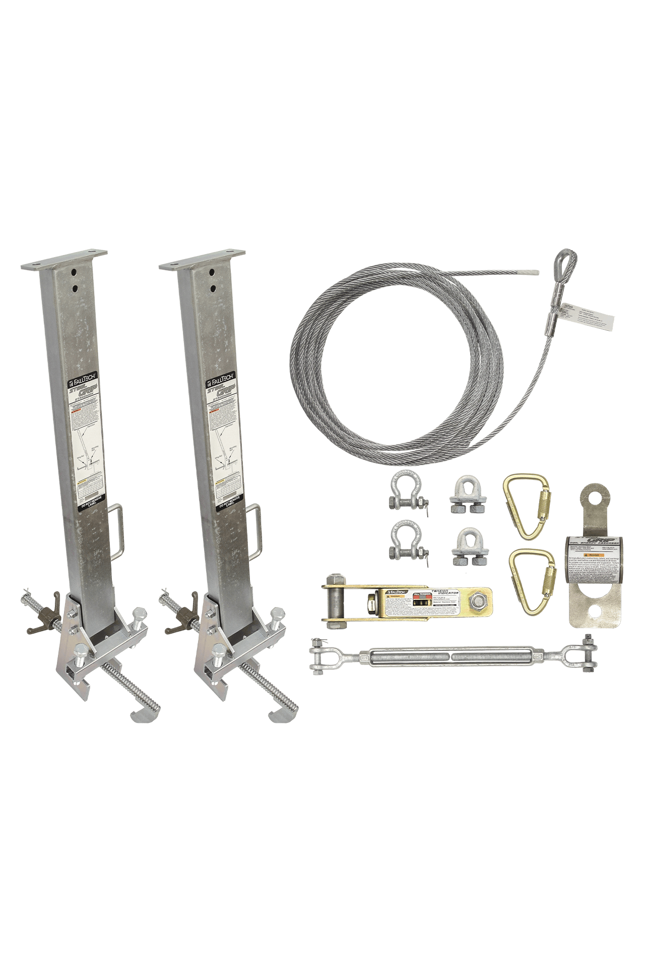 FallTech 60' SteelGrip Temporary Cable HLL System and Stanchions with 12" beam clamps - 6036012