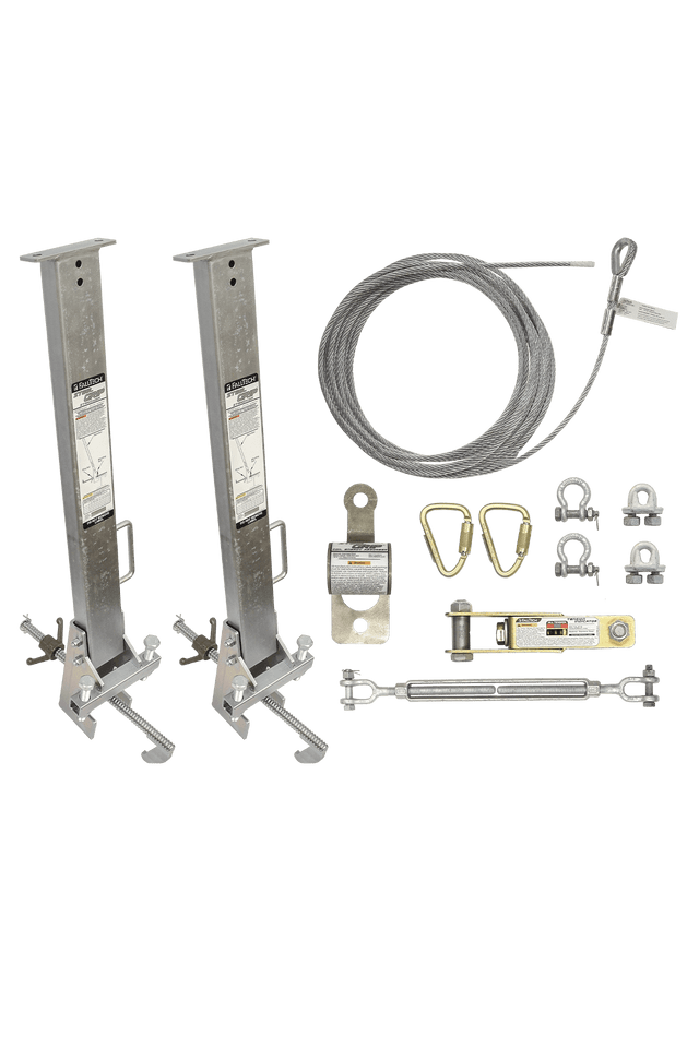 FallTech 100' SteelGrip Temporary Cable HLL System and Stanchions with 18" beam clamps - 60310018