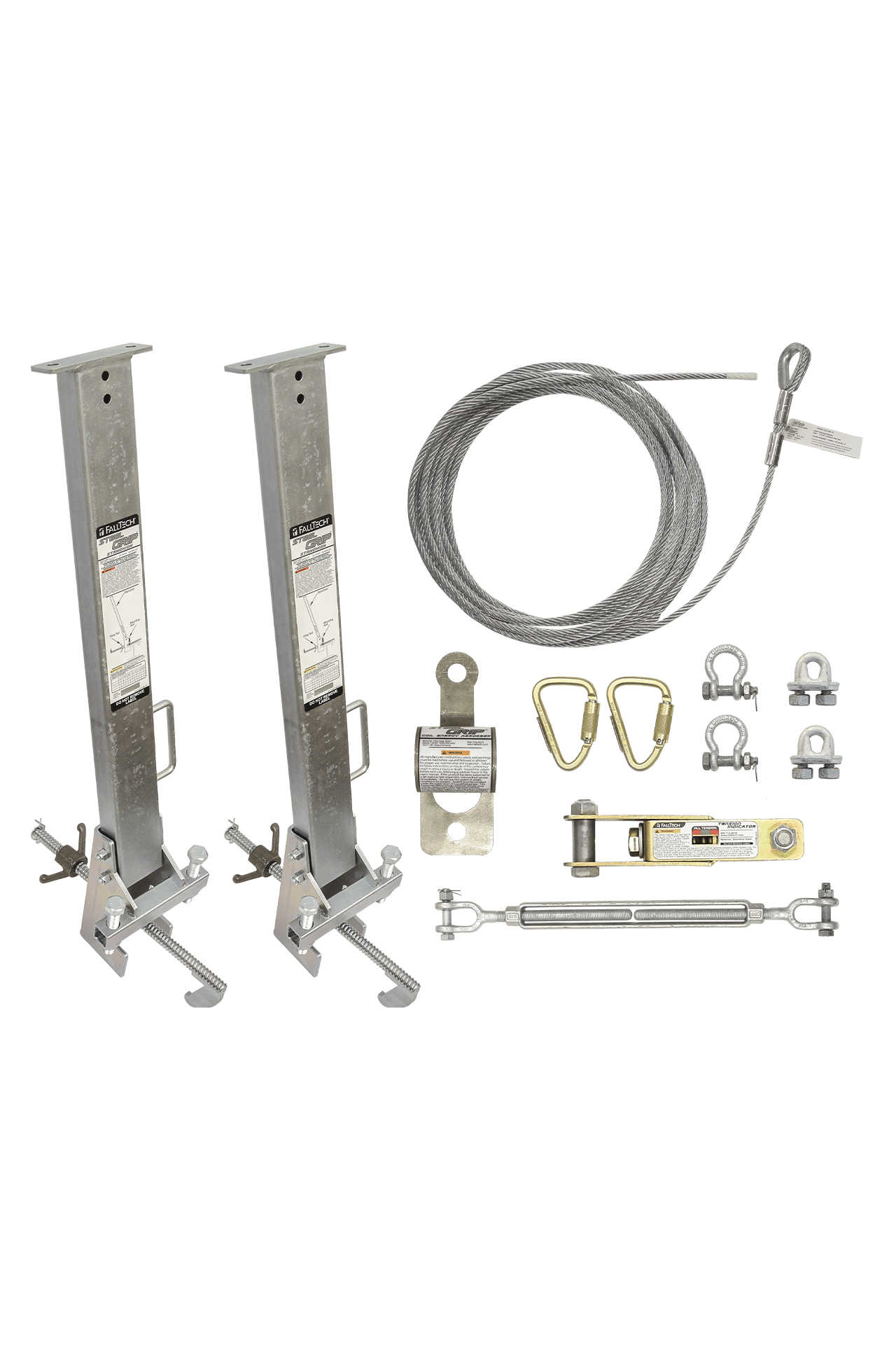 FallTech 60' SteelGrip Temporary Cable HLL System and Stanchions with 24" beam clamps - 6036024